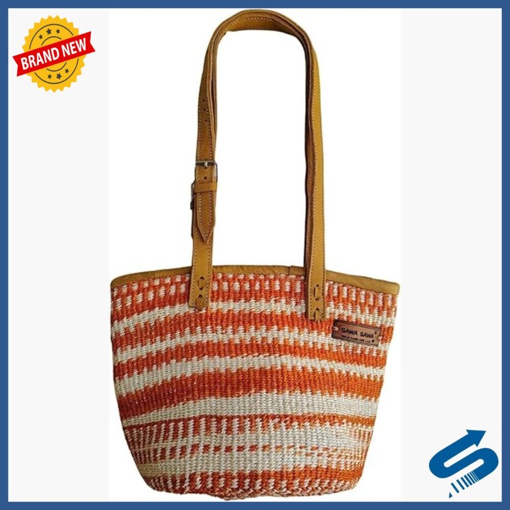Handmade Sisal Tote Bag with Leather Strap, Zipper Closure, Medium Size
